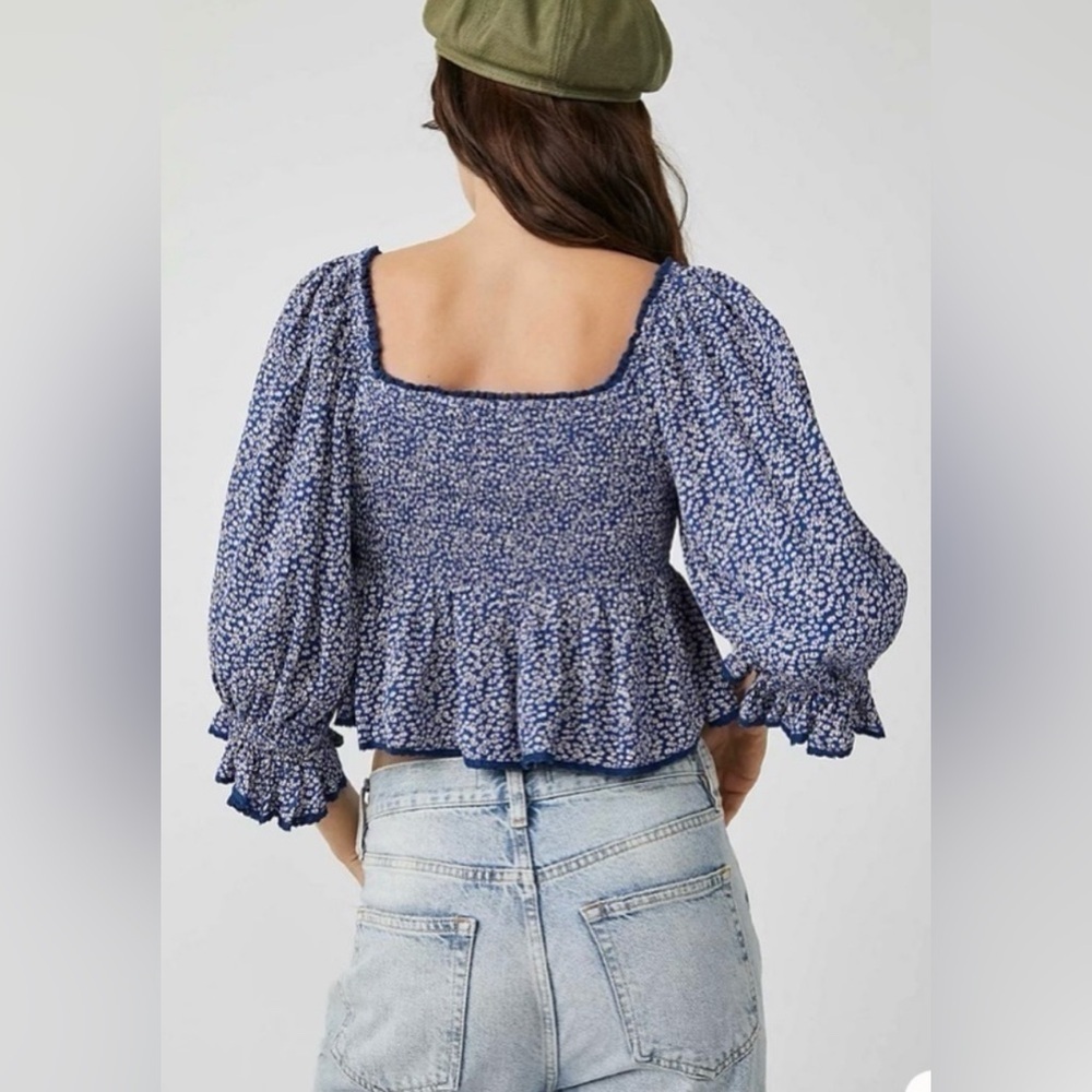 Free People Britnee Floral Cropped Peplum Smocked Puff Sleeve Top Large - Picture 5 of 10